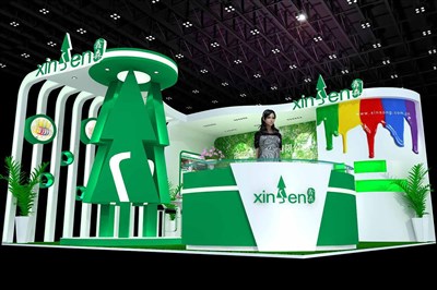 36平米展臺設計制作：二面開口/現(xiàn)代/木質(zhì)結(jié)構(gòu)/彩色，為化工展展商而作（免費使用）