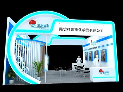 42平米展臺設(shè)計制作：二面開口/現(xiàn)代/木質(zhì)結(jié)構(gòu)/白色，為化工展展商而作（免費使用）