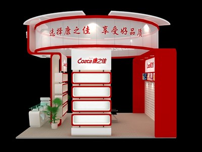 36平米展臺設(shè)計(jì)制作：三面開口/現(xiàn)代/木質(zhì)結(jié)構(gòu)/紅色，為綜合展展商而作（免費(fèi)使用）