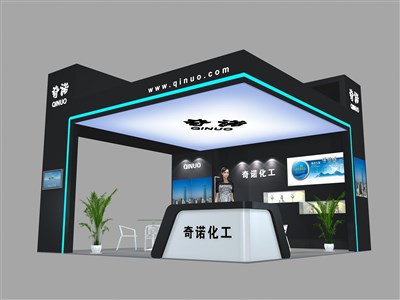 36平米展臺(tái)設(shè)計(jì)制作：三面開(kāi)口/現(xiàn)代/木質(zhì)結(jié)構(gòu)/黑色，為化工展展商而作（免費(fèi)使用）