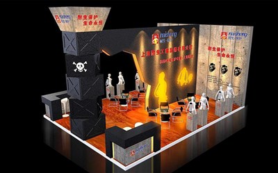 48平米展臺(tái)設(shè)計(jì)制作：三面開口/前衛(wèi)/木質(zhì)結(jié)構(gòu)/黑色，為化工展展商而作（免費(fèi)使用）