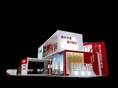 48平米展臺設計制作：三面開口/前衛(wèi)/木質(zhì)結構/粉色，為房產(chǎn)展展商而作（免費使用）