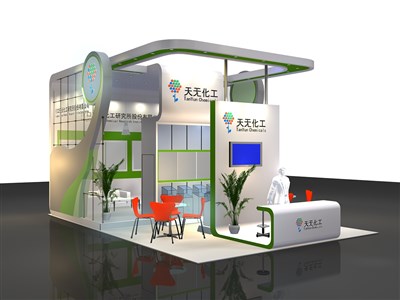 54平米展臺(tái)設(shè)計(jì)制作：三面開(kāi)口/現(xiàn)代/木質(zhì)結(jié)構(gòu)/白色，為化工展展商而作（免費(fèi)使用）