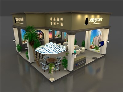 36平米展臺(tái)設(shè)計(jì)制作：三面開(kāi)口/現(xiàn)代/木質(zhì)結(jié)構(gòu)/綠色，為房產(chǎn)展展商而作（免費(fèi)使用）