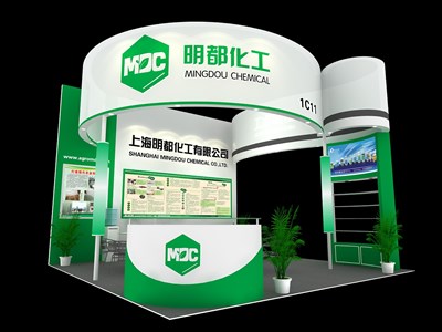 36平米展臺設計制作：三面開口/現(xiàn)代/木質(zhì)結(jié)構/綠色，為化工展展商而作（免費使用）