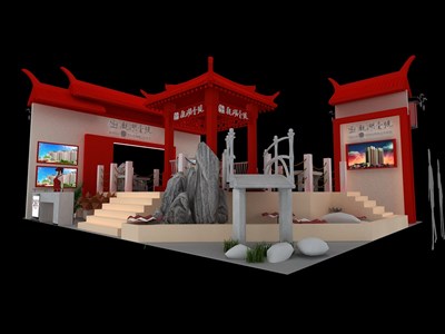 225平米展臺設(shè)計制作：四面開口/中式/木質(zhì)結(jié)構(gòu)/紅色，為房產(chǎn)展展商而作（免費(fèi)使用）