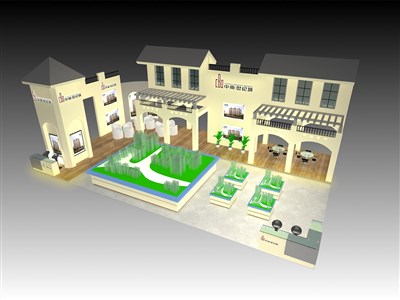 144平米展臺設(shè)計制作：四面開口/中式/型材結(jié)構(gòu)/米色，為房產(chǎn)展展商而作（免費(fèi)使用）