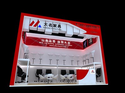 12平米展臺(tái)設(shè)計(jì)制作：一面開口/現(xiàn)代/型材結(jié)構(gòu)/紅色，為家具展展商而作（免費(fèi)使用）