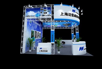 36平米展臺設(shè)計制作：三面開口/現(xiàn)代/型材結(jié)構(gòu)/藍(lán)色，為電子展展商而作（免費使用）