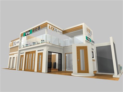 80平米展臺設(shè)計(jì)制作：三面開口/現(xiàn)代/雙層結(jié)構(gòu)/咖啡色，為家具展展商而作（免費(fèi)使用）