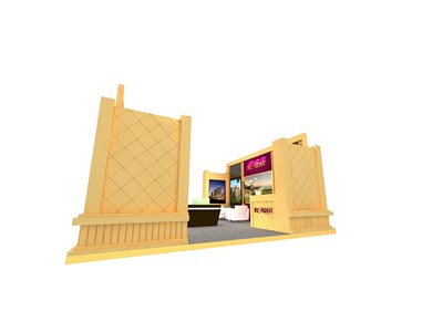 64平米展臺(tái)設(shè)計(jì)制作：二面開口/歐式/木質(zhì)結(jié)構(gòu)/米色，為房產(chǎn)展展商而作（免費(fèi)使用）