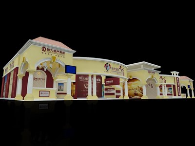 161平米展臺設(shè)計制作：三面開口/歐式/型材結(jié)構(gòu)/米色，為房產(chǎn)展展商而作（免費(fèi)使用）