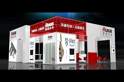 110平米展臺設(shè)計制作：四面開口/現(xiàn)代/木質(zhì)結(jié)構(gòu)/紅色，為電子展展商而作（免費(fèi)使用）