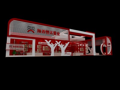 55平米展臺設(shè)計制作：三面開口/現(xiàn)代/型材結(jié)構(gòu)/紅色，為房產(chǎn)展展商而作（免費使用）