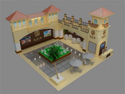 121平米展臺(tái)設(shè)計(jì)制作：二面開口/歐式/木質(zhì)結(jié)構(gòu)/米色，為房產(chǎn)展展商而作（免費(fèi)使用）