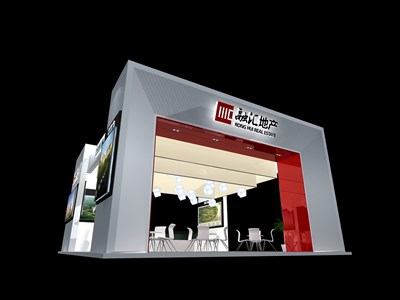 81平米展臺設(shè)計制作：四面開口/現(xiàn)代/木質(zhì)結(jié)構(gòu)/紅色，為房產(chǎn)展展商而作（免費使用）