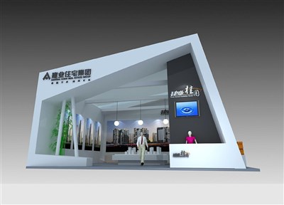 49平米展臺(tái)設(shè)計(jì)制作：二面開口/前衛(wèi)/木質(zhì)結(jié)構(gòu)/灰色，為房產(chǎn)展展商而作（免費(fèi)使用）