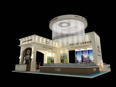 190平米展臺設計制作：四面開口/歐式/木質(zhì)結(jié)構(gòu)/米色，為房產(chǎn)展展商而作（免費使用）