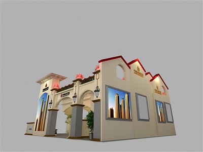 90平米展臺(tái)設(shè)計(jì)制作：三面開口/歐式/木質(zhì)結(jié)構(gòu)/米色，為房產(chǎn)展展商而作（免費(fèi)使用）
