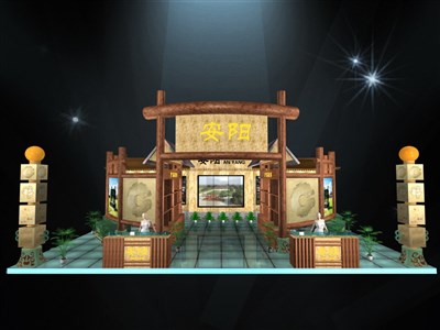 117平米展臺(tái)設(shè)計(jì)制作：一面開口/中式/木質(zhì)結(jié)構(gòu)/咖啡色，為旅游展展商而作（免費(fèi)使用）