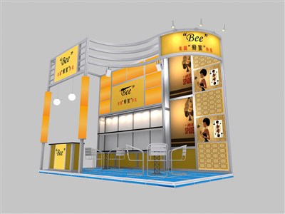 18平米展臺設(shè)計制作：三面開口/現(xiàn)代/型材結(jié)構(gòu)/黃色，為玩具展展商而作（免費使用）