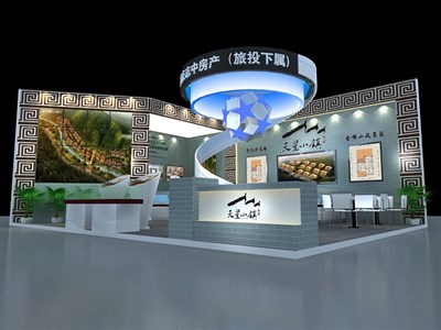 66平米展臺(tái)設(shè)計(jì)制作：二面開(kāi)口/中式/木質(zhì)結(jié)構(gòu)/灰色，為房產(chǎn)展展商而作（免費(fèi)使用）