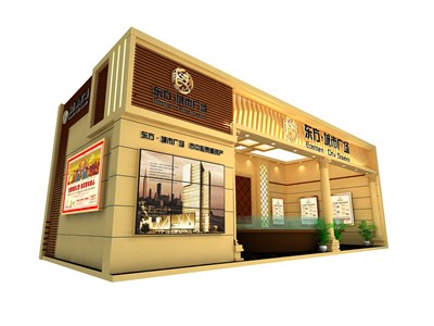 40平米展臺設(shè)計制作：一面開口/歐式/木質(zhì)結(jié)構(gòu)/米色，為房產(chǎn)展展商而作（免費(fèi)使用）