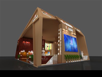 144平米展臺設計制作：三面開口/歐式/木質結構/咖啡色，為房產展展商而作（免費使用）