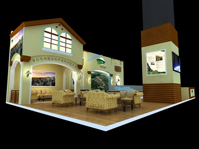 63平米展臺設計制作：三面開口/歐式/木質結構/咖啡色，為房產展展商而作（免費使用）