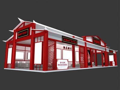 90平米展臺設(shè)計制作：三面開口/中式/木質(zhì)結(jié)構(gòu)/紅色，為房產(chǎn)展展商而作（免費使用）