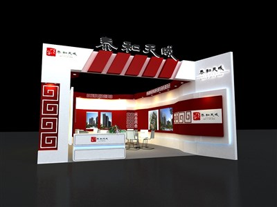 42平米展臺(tái)設(shè)計(jì)制作：二面開(kāi)口/中式/木質(zhì)結(jié)構(gòu)/紅色，為房產(chǎn)展展商而作（免費(fèi)使用）