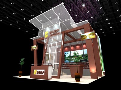 49平米展臺(tái)設(shè)計(jì)制作：三面開口/前衛(wèi)/型材結(jié)構(gòu)/咖啡色，為房產(chǎn)展展商而作（免費(fèi)使用）