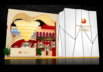 91平米展臺設(shè)計制作：二面開口/前衛(wèi)/型材結(jié)構(gòu)/紅色，為房產(chǎn)展展商而作（免費使用）