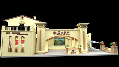 91平米展臺(tái)設(shè)計(jì)制作：二面開口/歐式/木質(zhì)結(jié)構(gòu)/米色，為房產(chǎn)展展商而作（免費(fèi)使用）
