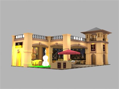 50平米展臺(tái)設(shè)計(jì)制作：二面開口/歐式/木質(zhì)結(jié)構(gòu)/咖啡色，為房產(chǎn)展展商而作（免費(fèi)使用）