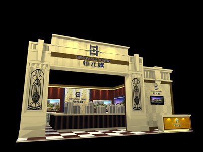 110平米展臺設(shè)計制作：一面開口/歐式/木質(zhì)結(jié)構(gòu)/米色，為房產(chǎn)展展商而作（免費(fèi)使用）