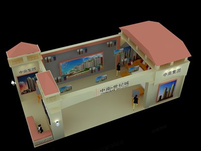 48平米展臺(tái)設(shè)計(jì)制作：二面開口/歐式/木質(zhì)結(jié)構(gòu)/米色，為房產(chǎn)展展商而作（免費(fèi)使用）
