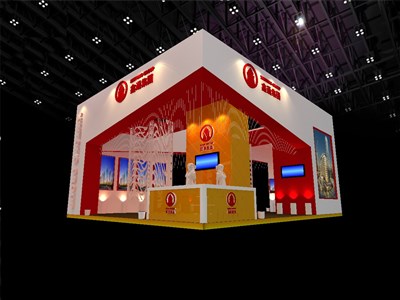 48平米展臺(tái)設(shè)計(jì)制作：三面開口/中式/木質(zhì)結(jié)構(gòu)/紅色，為房產(chǎn)展展商而作（免費(fèi)使用）