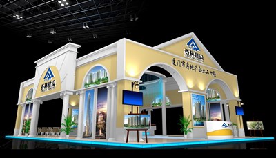187平米展臺設計制作：四面開口/歐式/木質(zhì)結(jié)構(gòu)/米色，為房產(chǎn)展展商而作（免費使用）