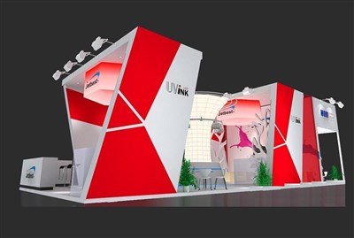 90平米展臺設(shè)計制作：三面開口/現(xiàn)代/型材結(jié)構(gòu)/紅色，為電子展展商而作（免費使用）