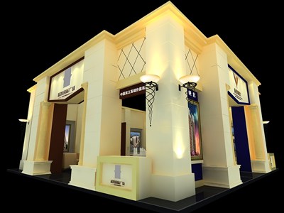 100平米展臺設(shè)計制作：四面開口/歐式/木質(zhì)結(jié)構(gòu)/米色，為家具展展商而作（免費使用）