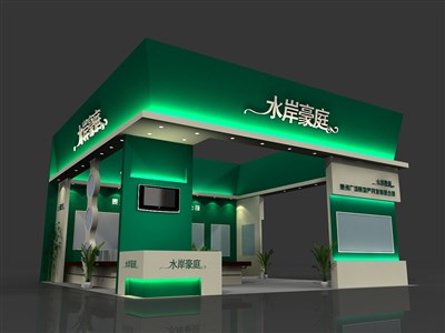 90平米展臺設(shè)計(jì)制作：三面開口/前衛(wèi)/型材結(jié)構(gòu)/綠色，為房產(chǎn)展展商而作（免費(fèi)使用）