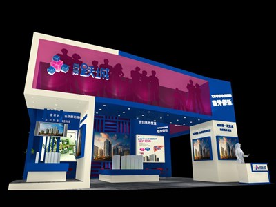 54平米展臺設(shè)計制作：二面開口/現(xiàn)代/型材結(jié)構(gòu)/藍色，為房產(chǎn)展展商而作（免費使用）