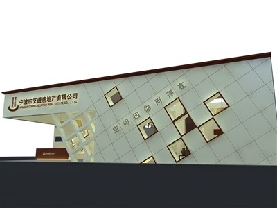 78平米展臺設(shè)計(jì)制作：二面開口/歐式/木質(zhì)結(jié)構(gòu)/米色，為房產(chǎn)展展商而作（免費(fèi)使用）