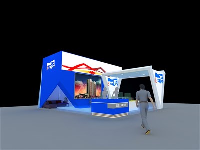 56平米展臺(tái)設(shè)計(jì)制作：三面開口/前衛(wèi)/型材結(jié)構(gòu)/藍(lán)色，為房產(chǎn)展展商而作（免費(fèi)使用）