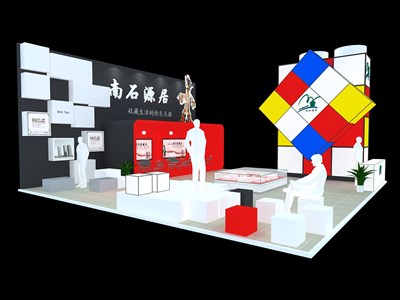 90平米展臺設(shè)計(jì)制作：三面開口/前衛(wèi)/型材結(jié)構(gòu)/彩色，為房產(chǎn)展展商而作（免費(fèi)使用）