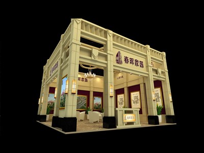 110平米展臺設(shè)計(jì)制作：二面開口/歐式/木質(zhì)結(jié)構(gòu)/米色，為房產(chǎn)展展商而作（免費(fèi)使用）