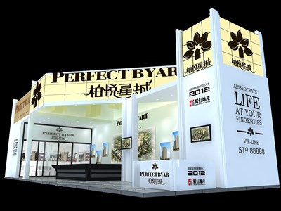 72平米展臺設(shè)計制作：二面開口/前衛(wèi)/木質(zhì)結(jié)構(gòu)/白色，為房產(chǎn)展展商而作（免費使用）