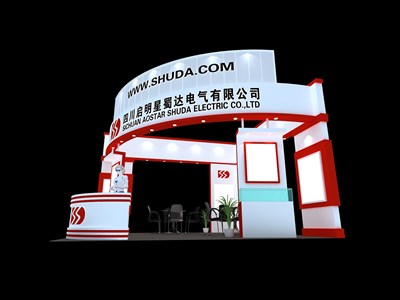 36平米展臺設(shè)計制作：三面開口/現(xiàn)代/木質(zhì)結(jié)構(gòu)/紅色，為電子展展商而作（免費使用）