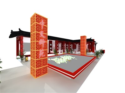 189平米展臺設(shè)計制作：四面開口/中式/木質(zhì)結(jié)構(gòu)/紅色，為房產(chǎn)展展商而作（免費使用）